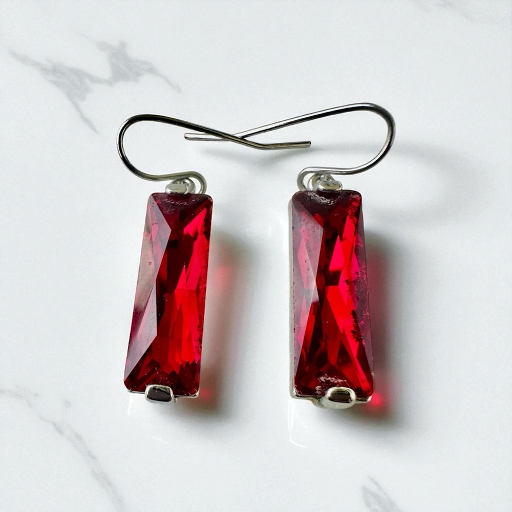 Silver Tone Metal Red Crystal Rectangular Drop Da… - image 1